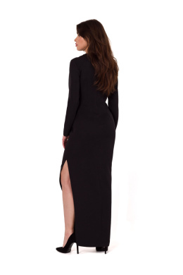 Sukienka maxi z wycięciem w talii długi rękaw rozcięcie czarna K180