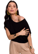 Bluzka damska nietoperz z wiskozy opadający dekolt krótki rękaw czarna B287