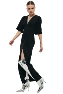 Sukienka maxi z rozcięciem na nogę długi rękaw głeboki dekolt V czarna K183