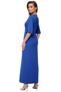 Sukienka maxi z rozcięciem na nogę długi rękaw głeboki dekolt V niebieska K183