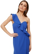 Sukienka midi z falbaną na jedno ramię bez rękawów taliowana niebieska K185