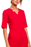 Elegancka sukienka ołówkowa midi krótki rękaw dekolt V czerwona me455