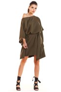 Sukienka mini oversize z krótkim rękawem wiązana w pasie khaki M196