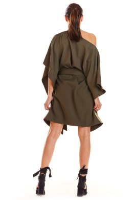 Sukienka mini oversize z krótkim rękawem wiązana w pasie khaki M196