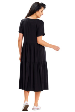 Sukienka letnia midi luźna krótki rękaw falbanki wiskoza czarna A639